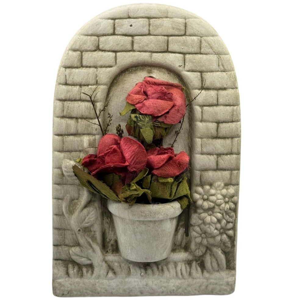 Vintage Flower Pot Plaque Faux Flowers Textured Brick Design Look Decor